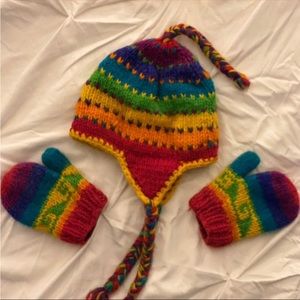 Toddler rainbow wool hat and mitts